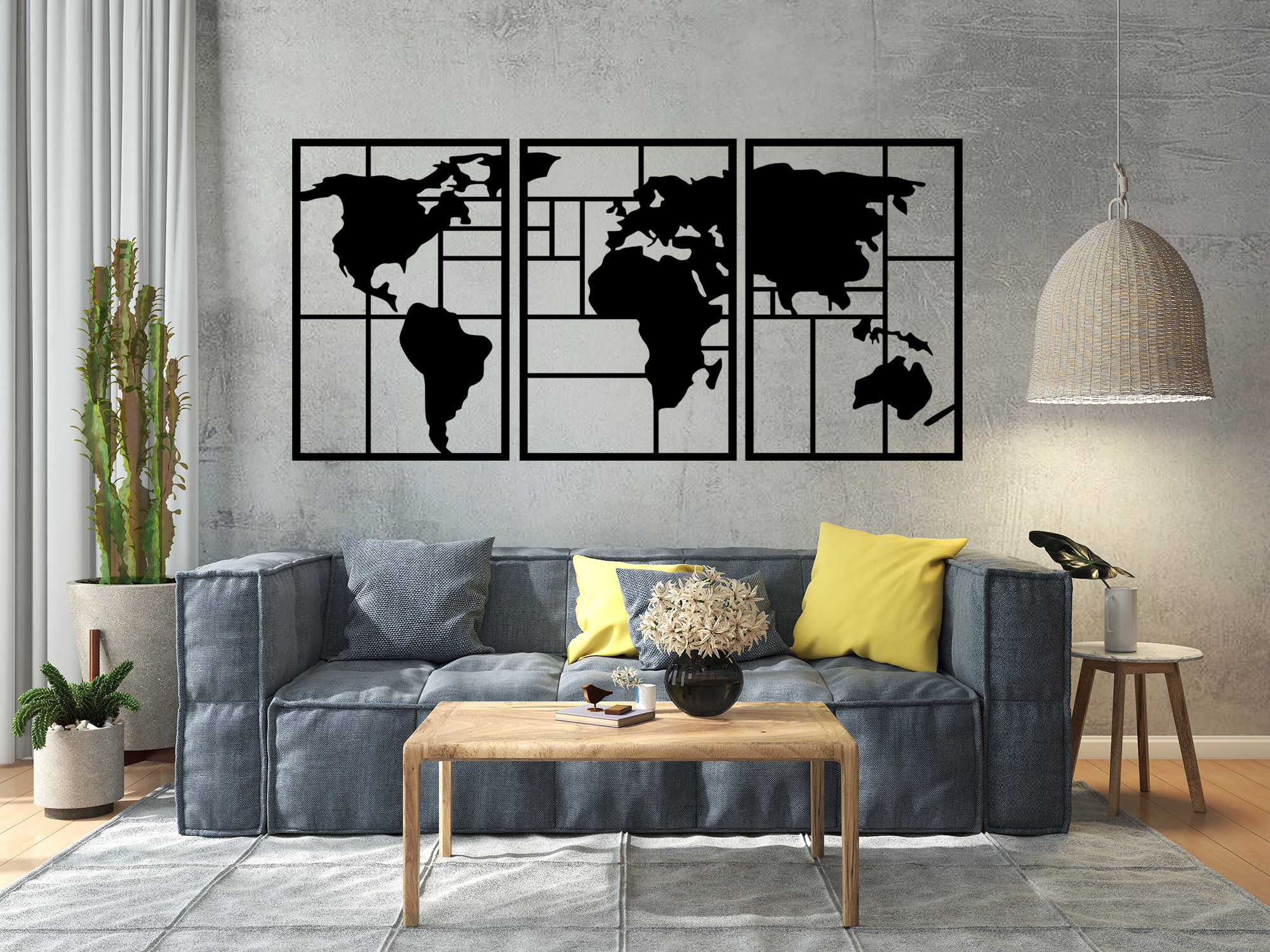 Czarne Dekoracje ścienne - mapa świata tryptyk